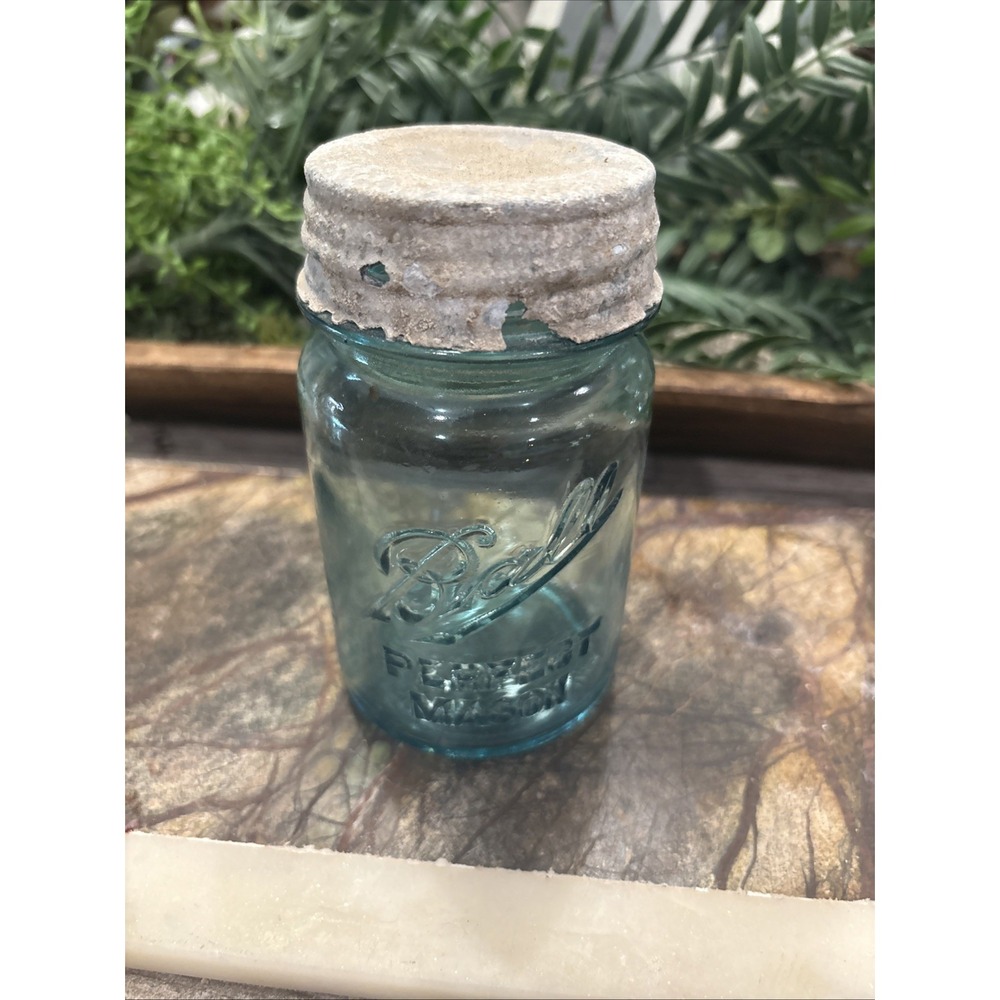 Antique Ball Perfect Mason Jar Blue Glass Pint Tin Lid 1913 - 1922 1920s #2